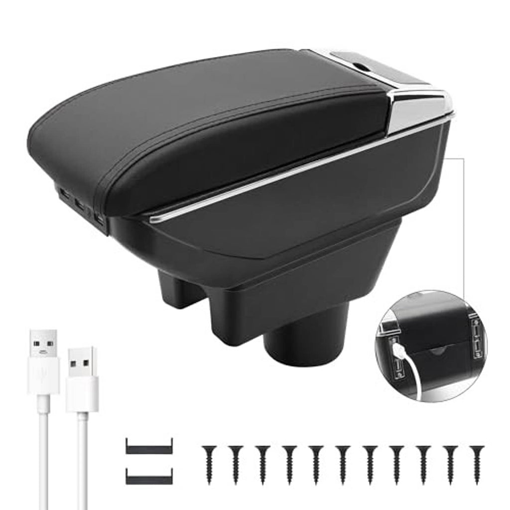 Black padded center armrest box with silver trim and side USB port panel