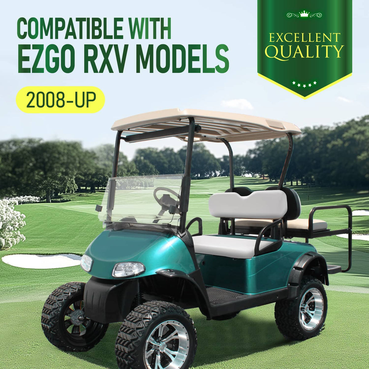 White golf cart front seat cushion and backrest on EZGO-style cart