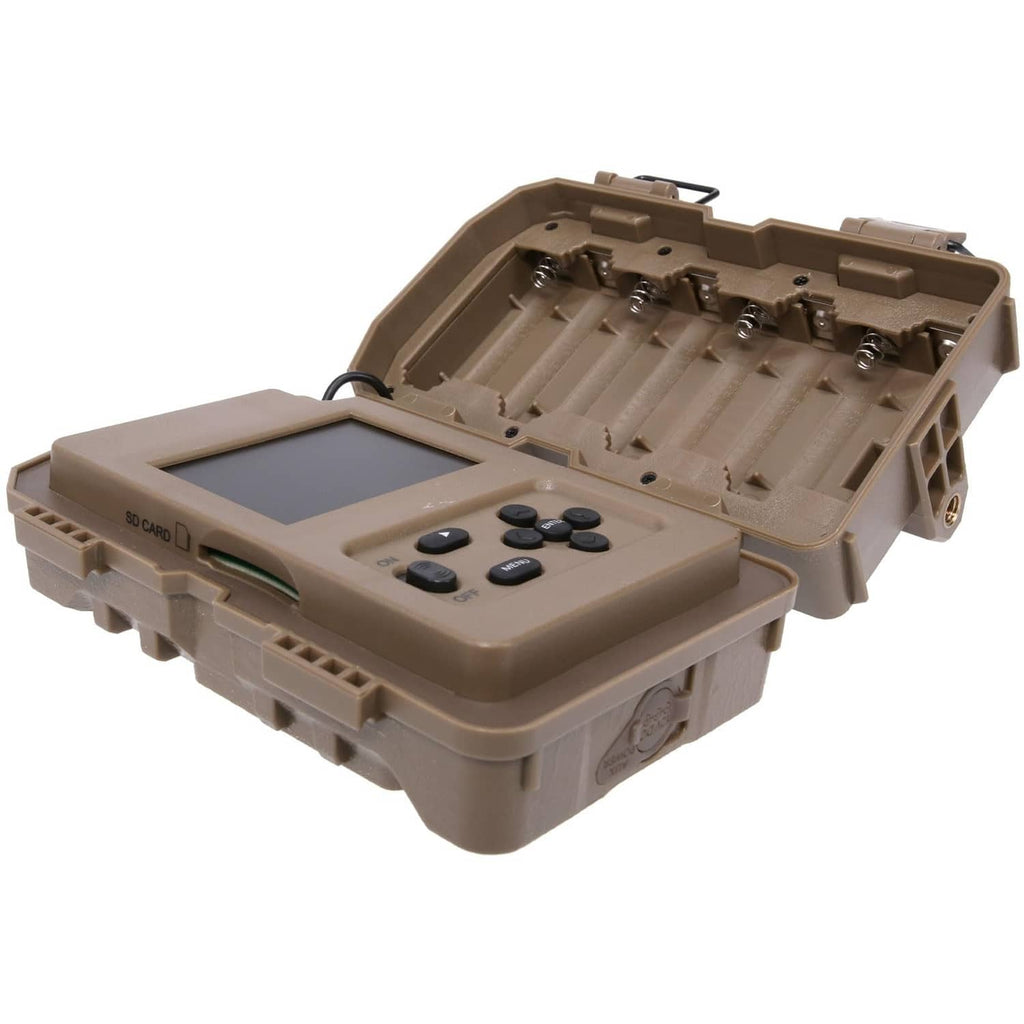 Opened trail camera with exposed internal tray and control panel inside.