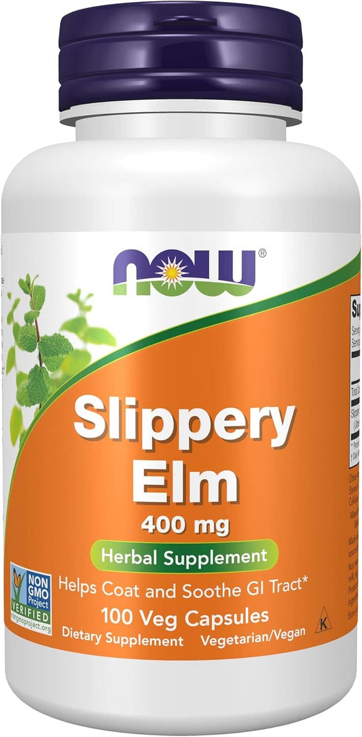 Herbal supplement bottle, Slippery Elm 400 mg, 100 veg capsules on label.