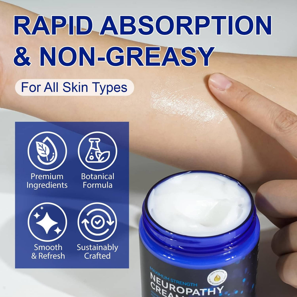 Blue neuropathy cream jar with white cream top on a forearm