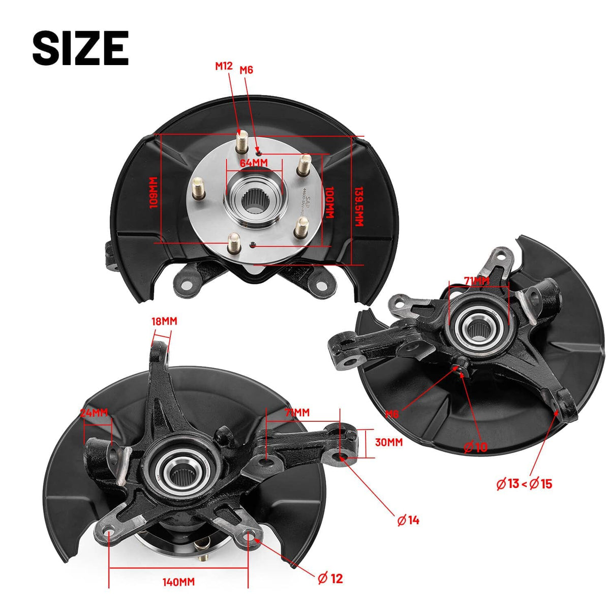 Front wheel hub bearing steering knuckle size diagram with measurements