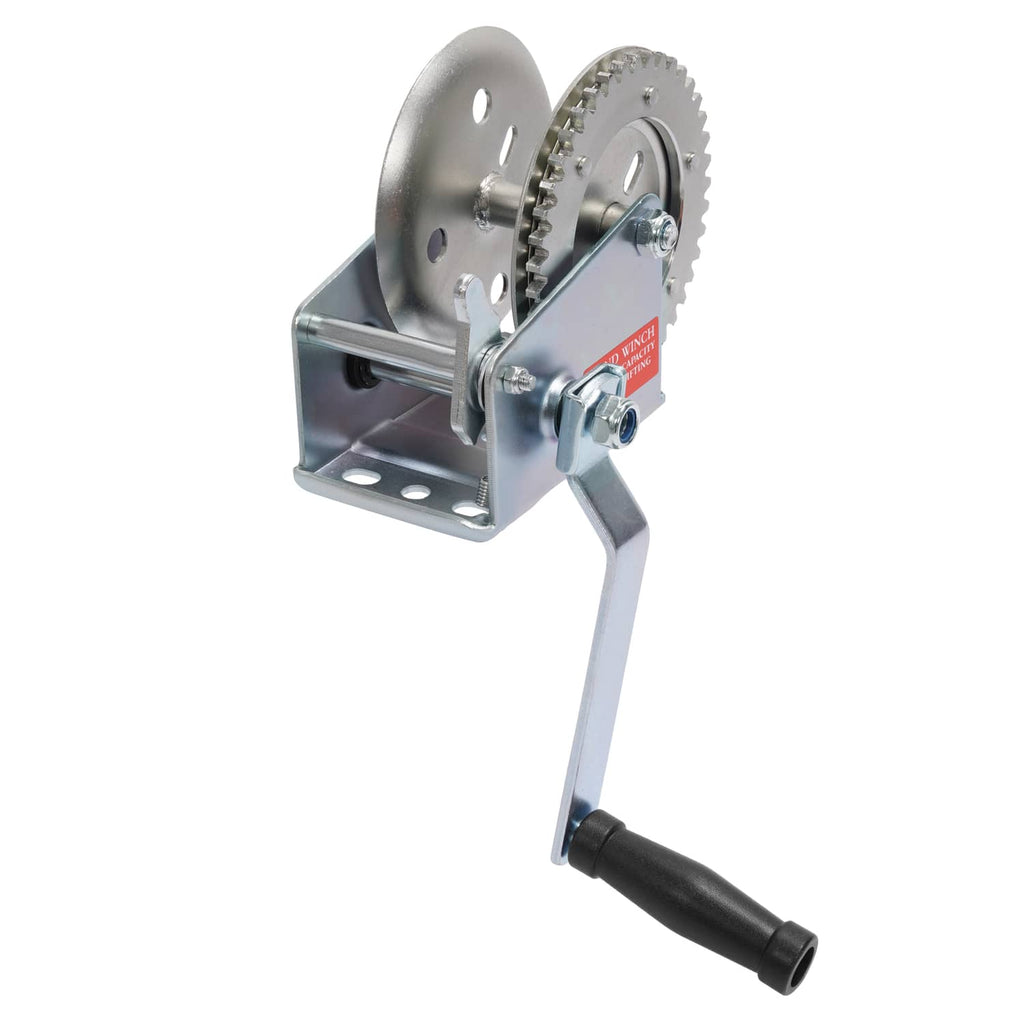 Galvanized steel trailer hand winch with toothed drum, side mount bracket, and crank
