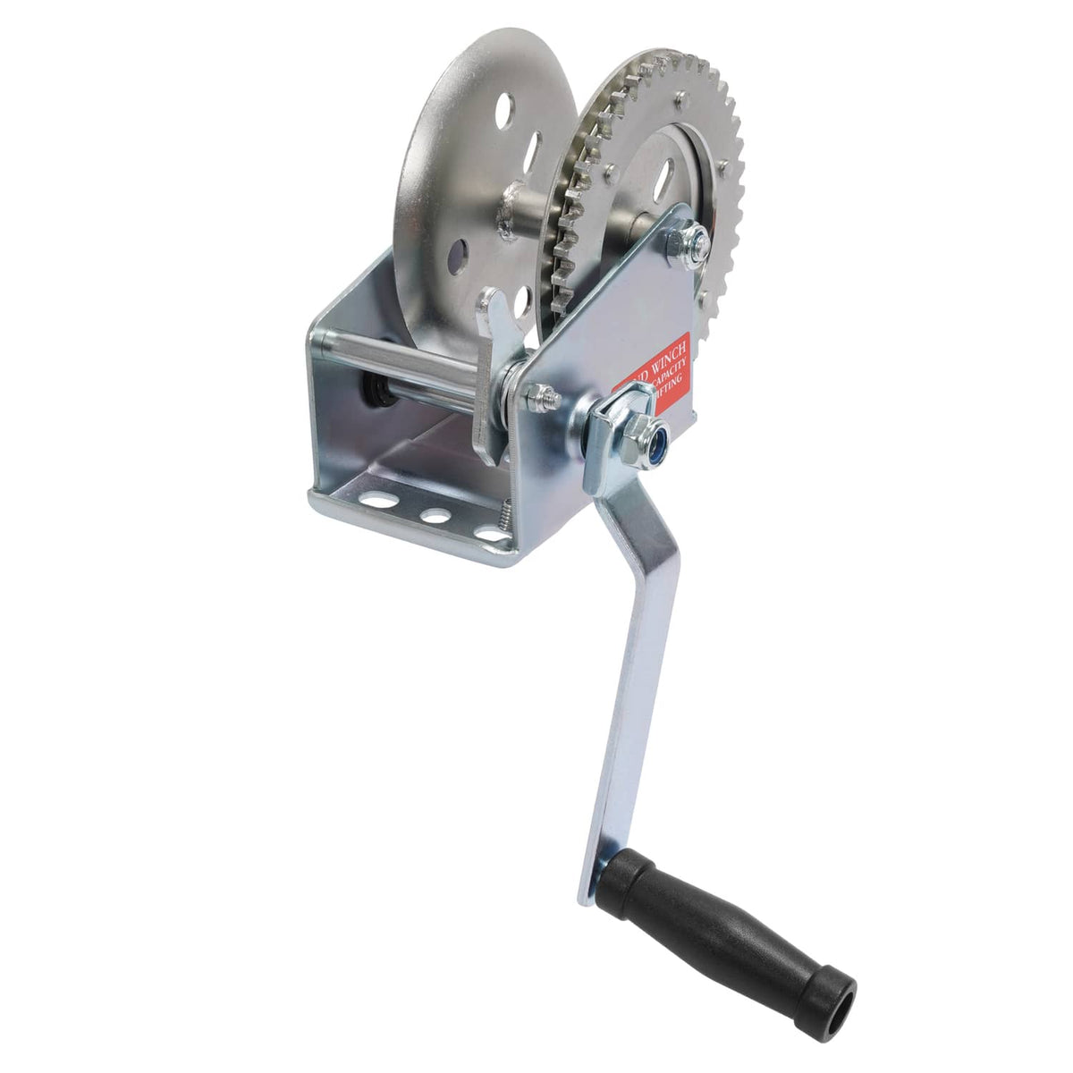 Galvanized steel trailer hand winch with toothed drum, side mount bracket, and crank