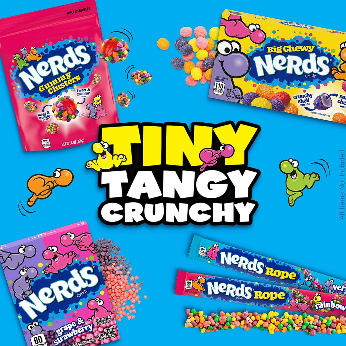Assorted NERDS candy packs and loose candy clusters with bold “TINY TANGY CRUNCHY”