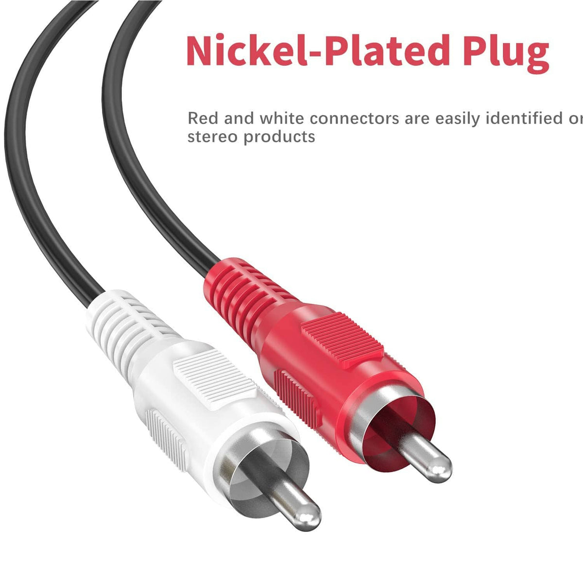 Stereo RCA plugs with red/white connectors on black cable pairs