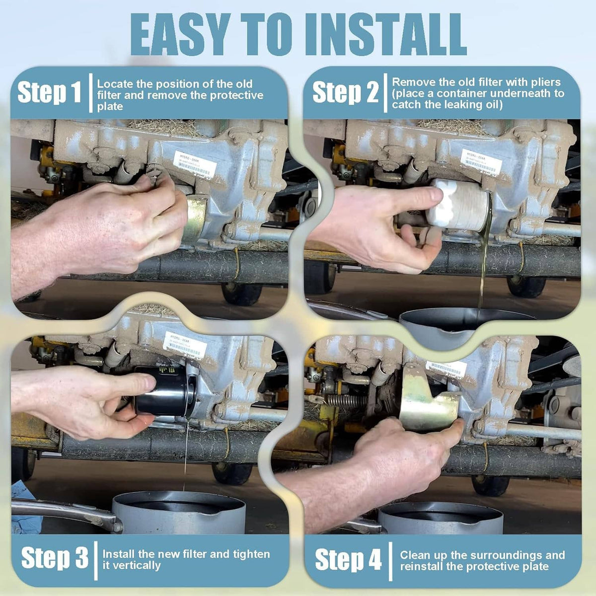Oil filter being installed in an engine bay by hands, with protective plate nearby