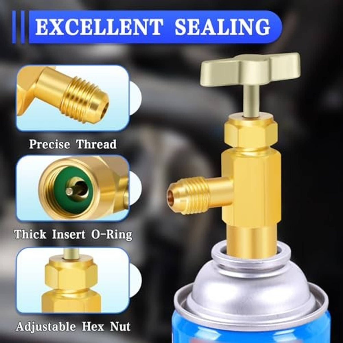 Brass sealing can tap with O-ring insert, adjustable hex nut, and puncture valve tool