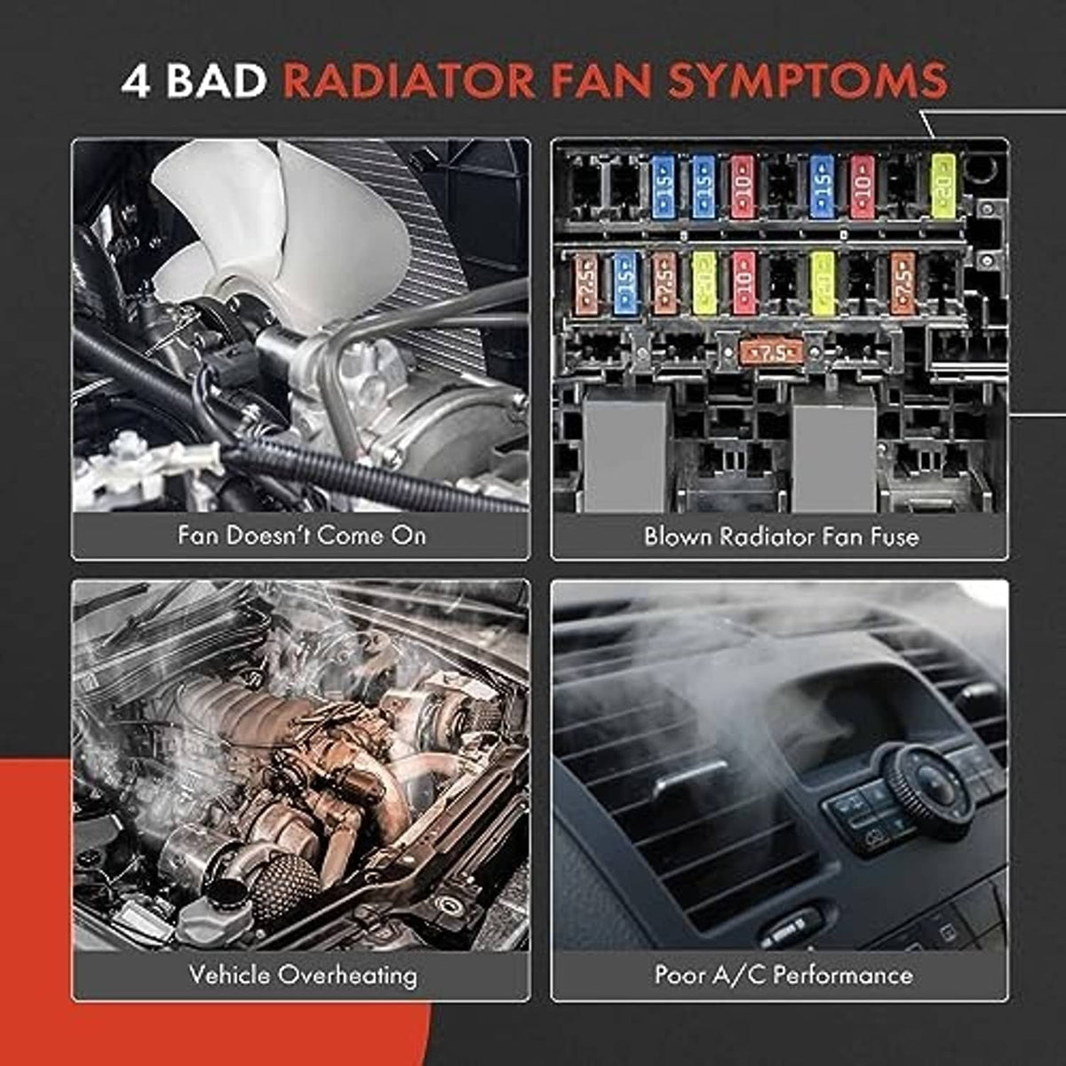 Radiator fan symptoms graphic with engine bay scene and fuse panel inset