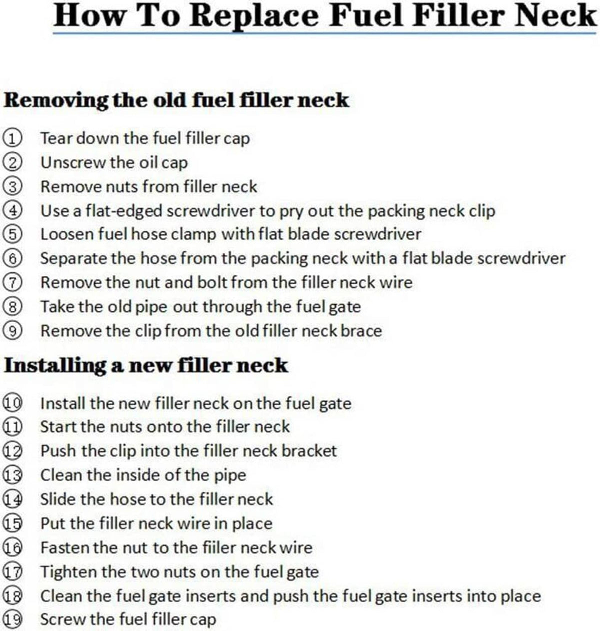Fuel filler neck replacement instruction sheet with step-by-step removal and installation