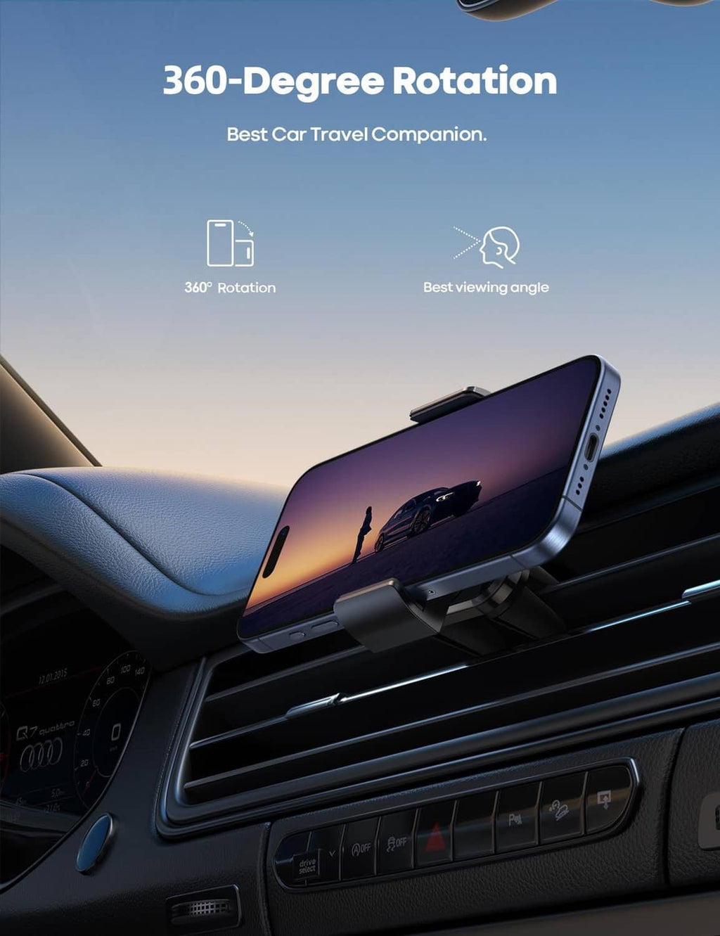 Car vent phone mount with 360-degree rotating arm holding a phone