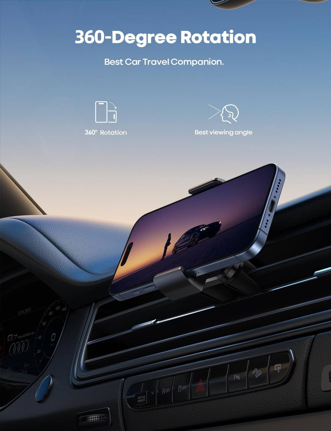 Car vent phone mount with 360-degree rotating arm holding a phone
