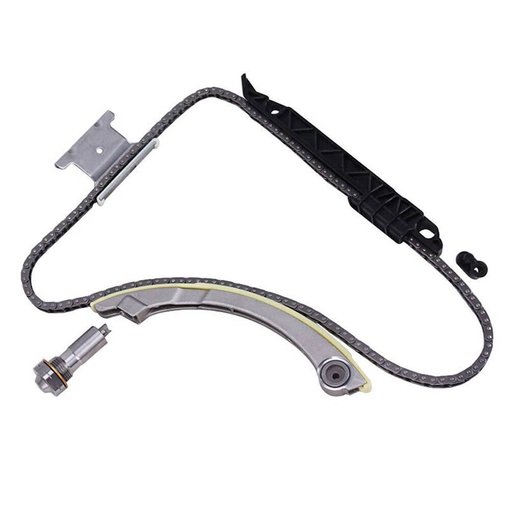 Timing chain kit with black and metal guide rails, chain, and tensioner plunger
