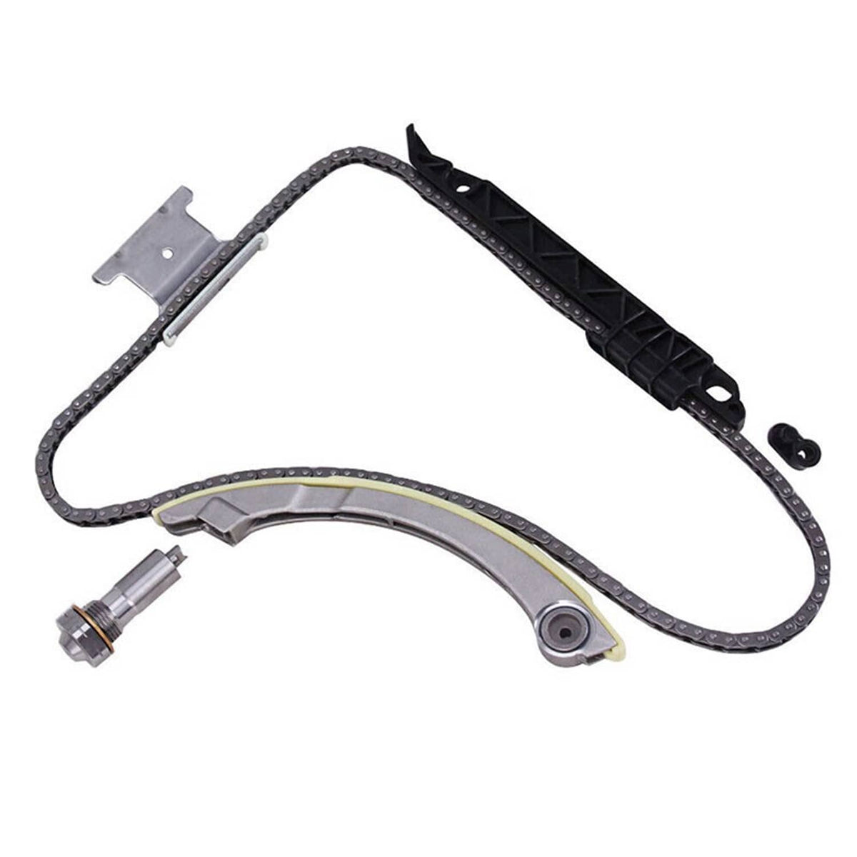 Timing chain kit with black and metal guide rails, chain, and tensioner plunger
