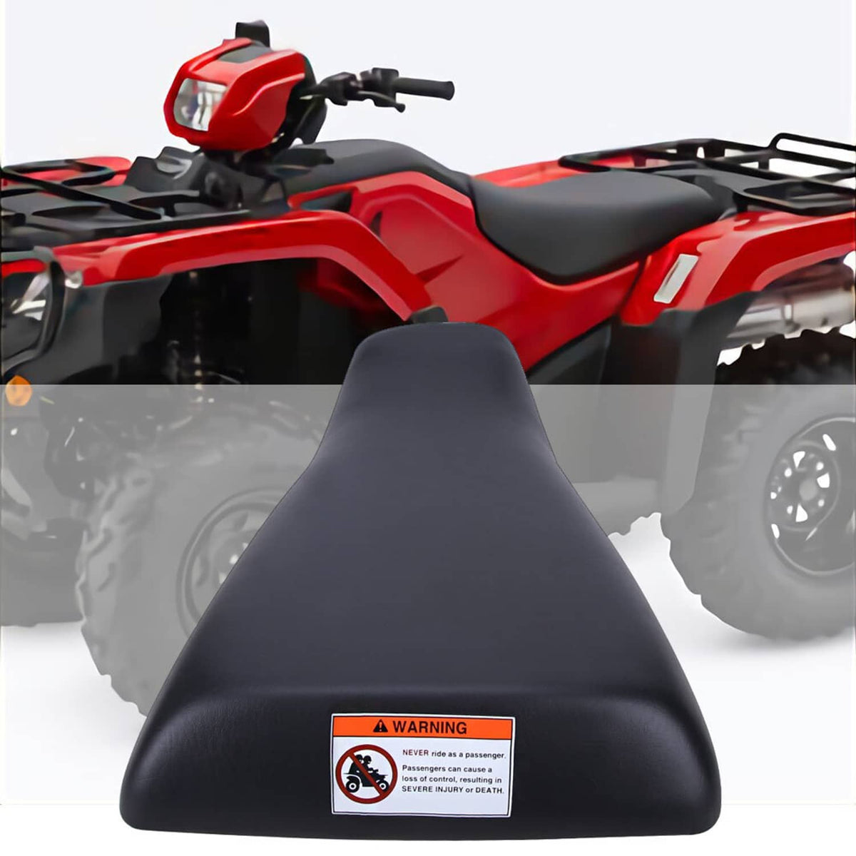 Black ATV seat set installed on a quad, showing contoured seat and warning decal