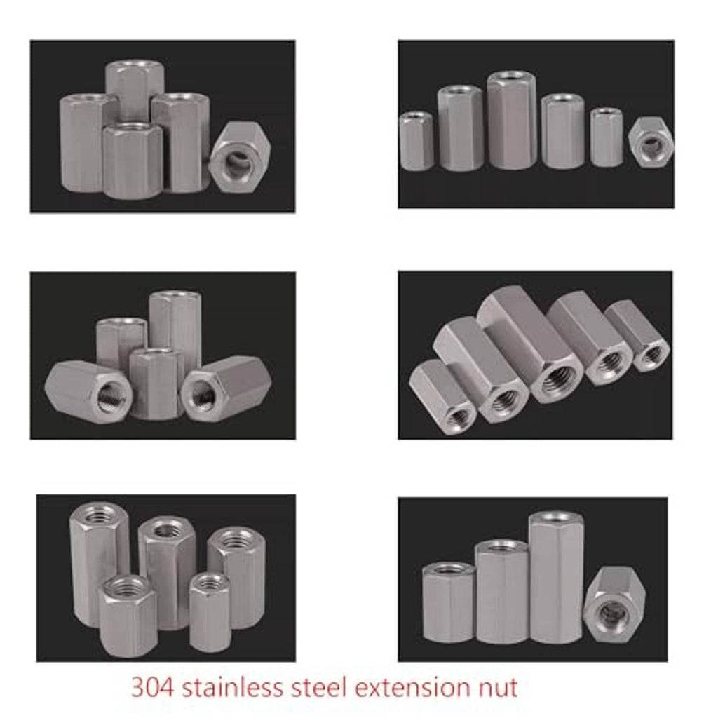 Stainless steel hex extension nut set, stacked views of internal threaded openings