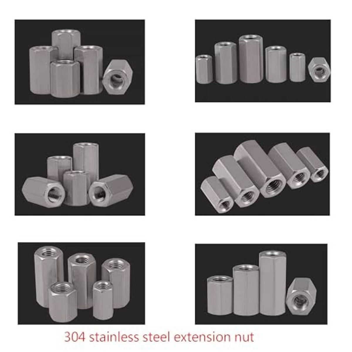 Stainless steel hex extension nut set, stacked views of internal threaded openings