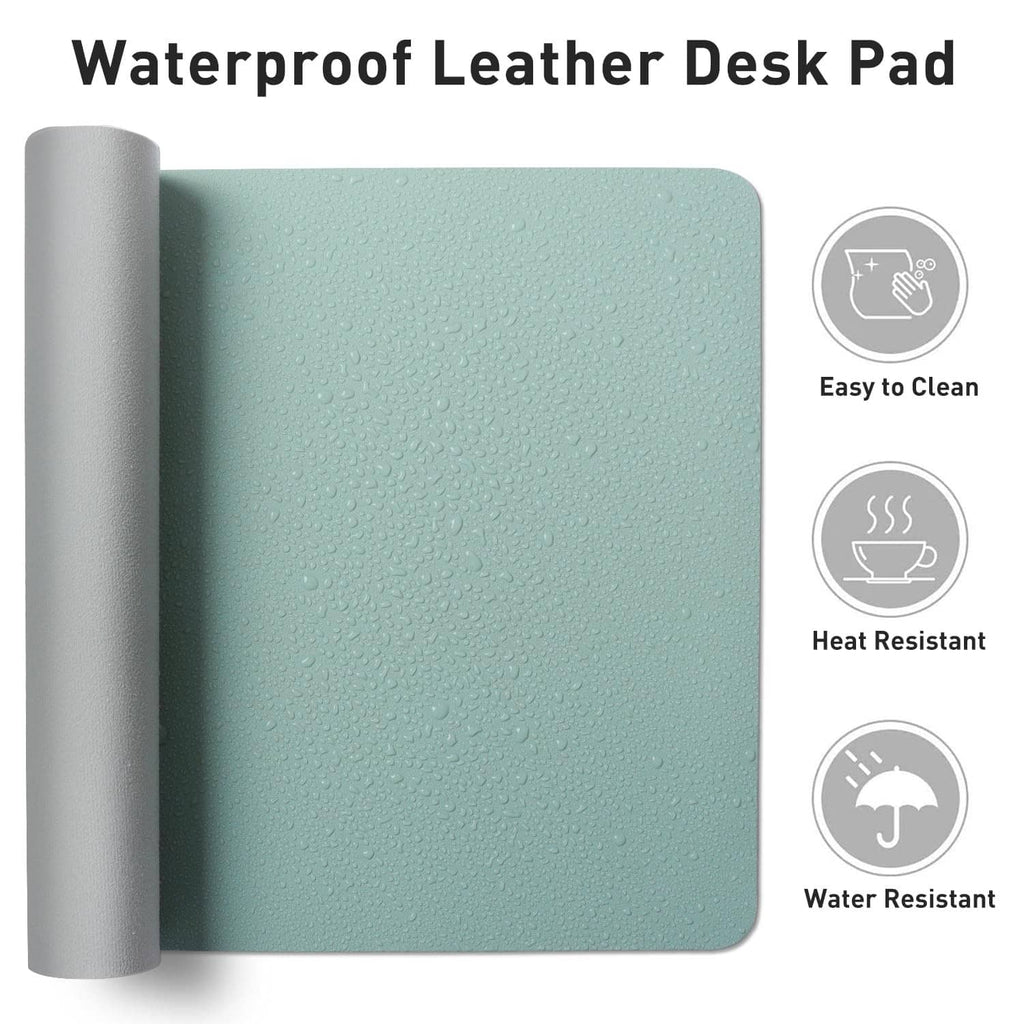 Light blue waterproof leather-look desk pad with visible water droplets
