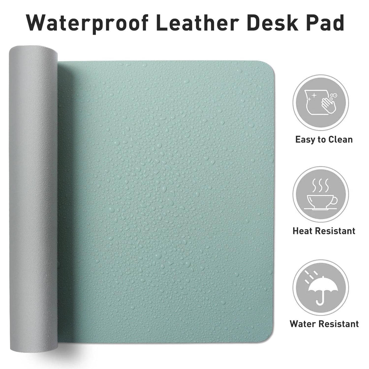 Light blue waterproof leather-look desk pad with visible water droplets