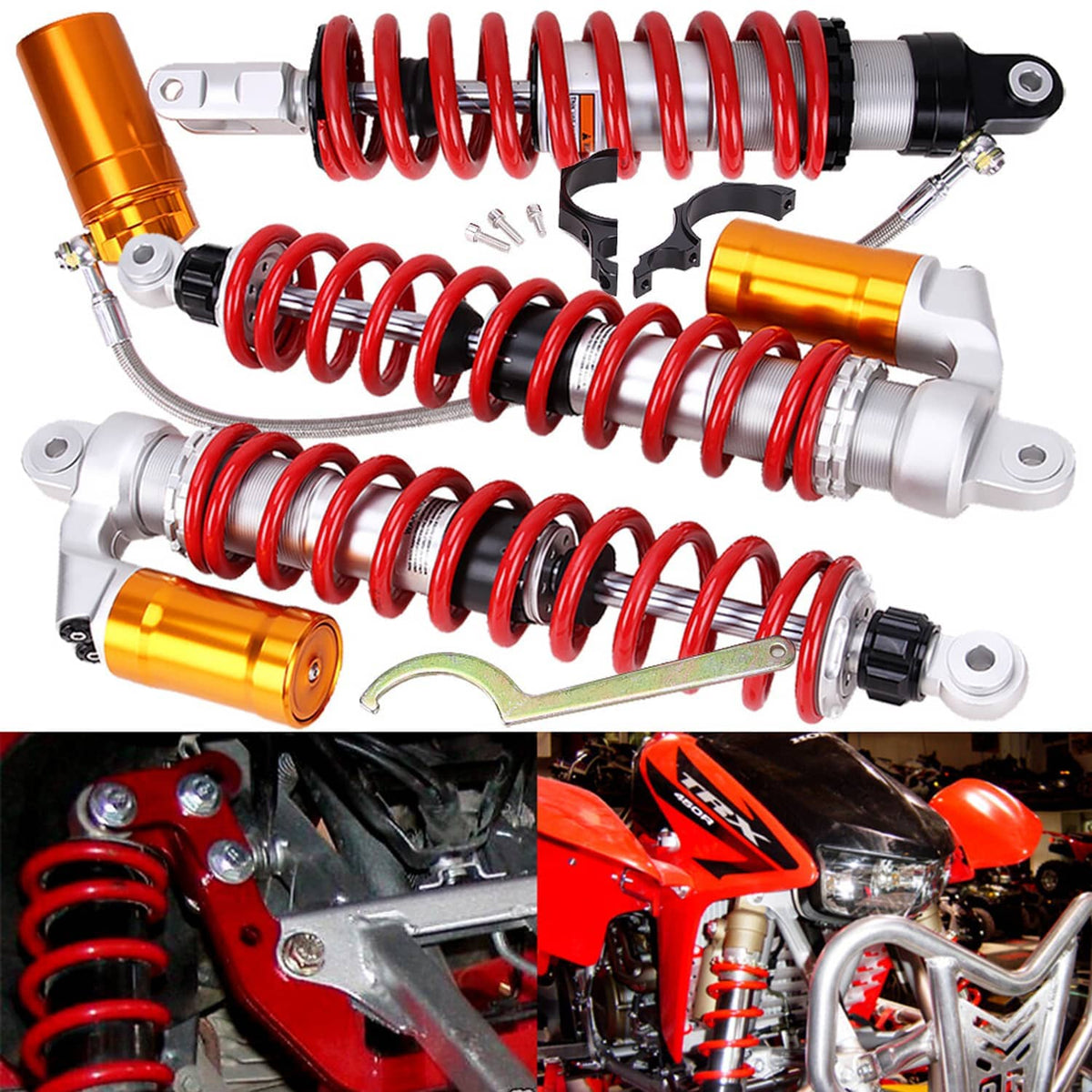 Air shock absorbers with red coil springs, orange damper reservoirs, and silver bodies