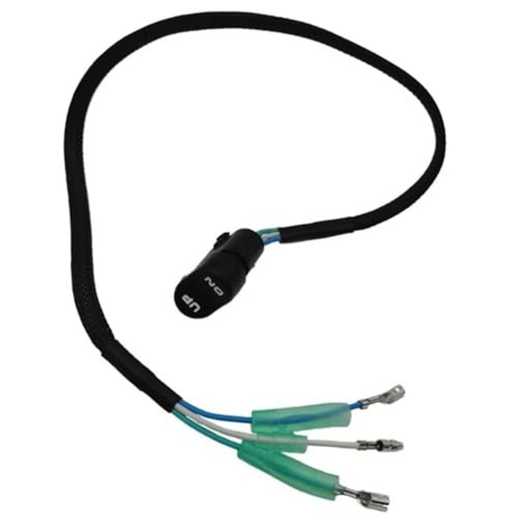 Boat engine trim switch with black control housing and three-prong wire connector