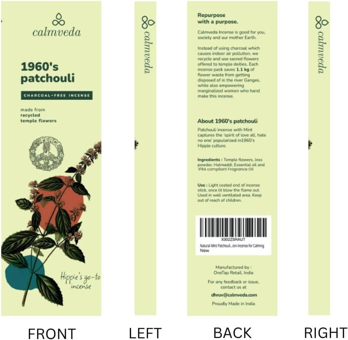 Incense pack layout showing front, side, back, and right panels for 1960s patchouli