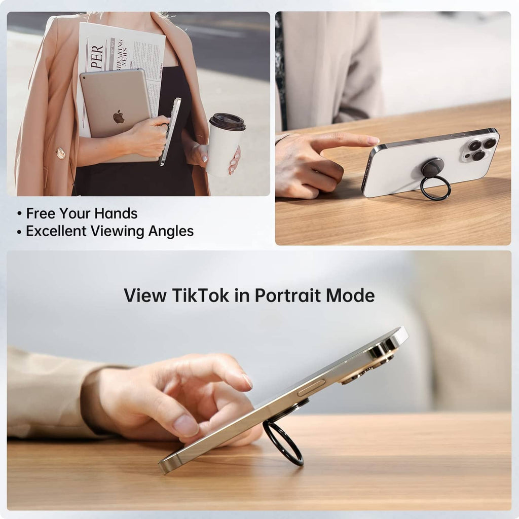 Black phone finger ring holder stand with ring on the back of a smartphone