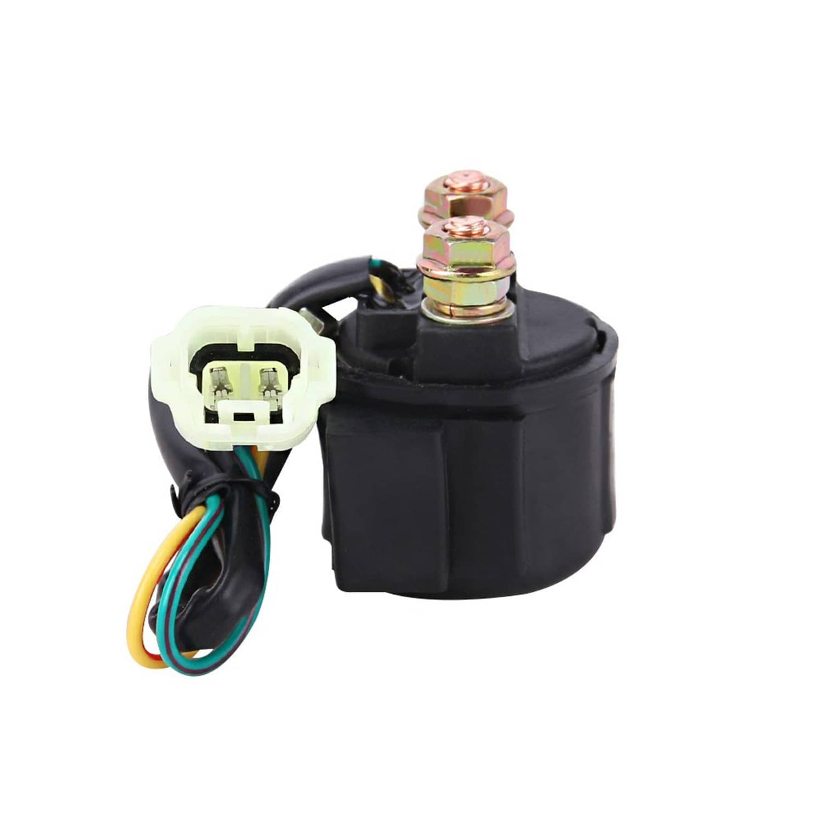 Starter relay solenoid with black housing, ring terminals, and white connector plug