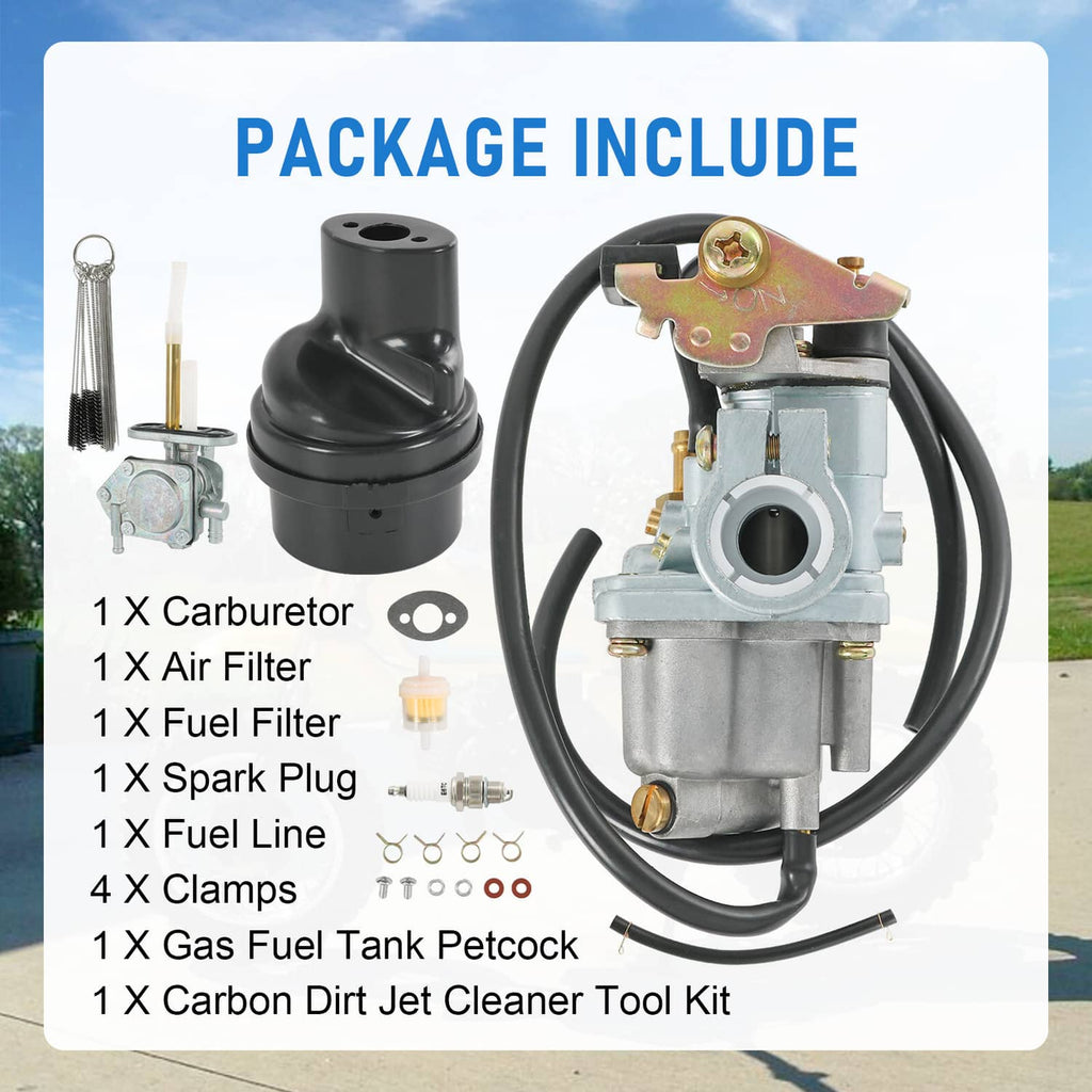 Carburetor air and fuel filter set components including carburetor, filters, spark plug