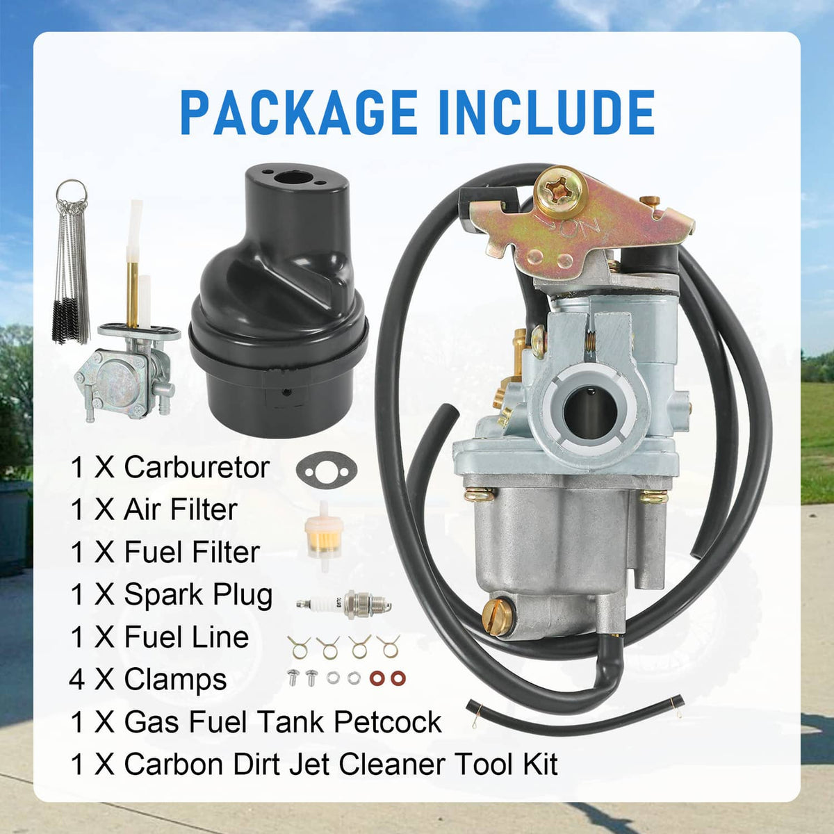 Carburetor air and fuel filter set components including carburetor, filters, spark plug