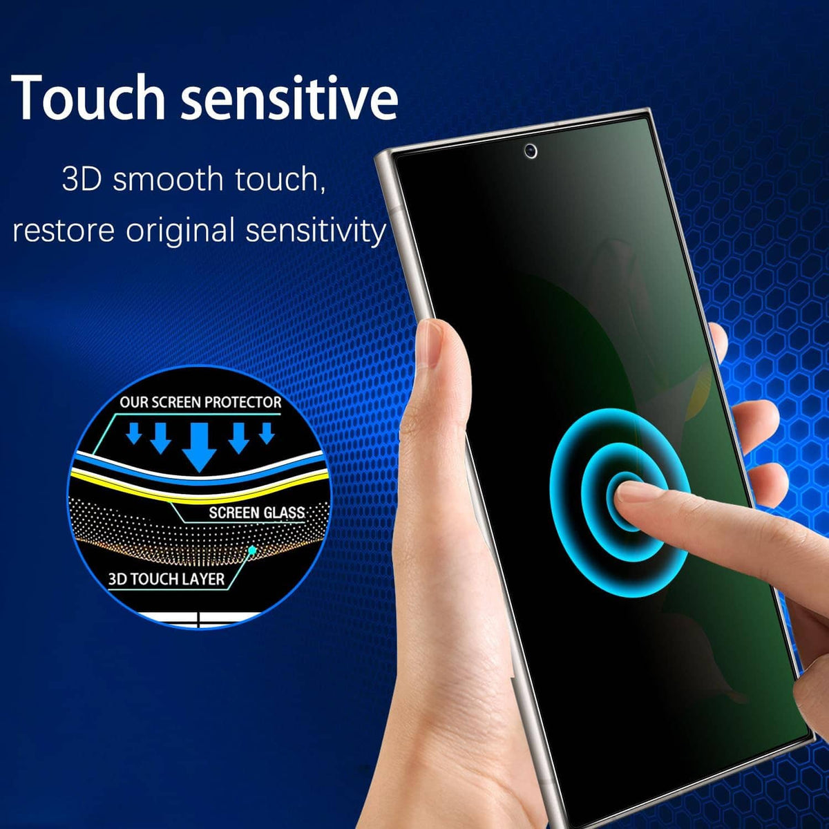 Touch-sensitive tempered glass screen protector applied to a phone display