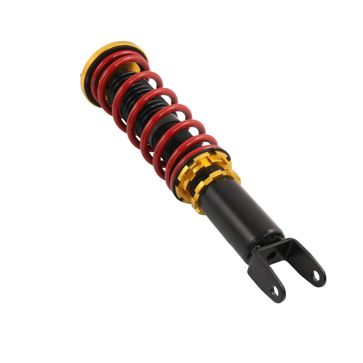 Coilover strut with red and black spring, gold adjuster collar, and black fork mount