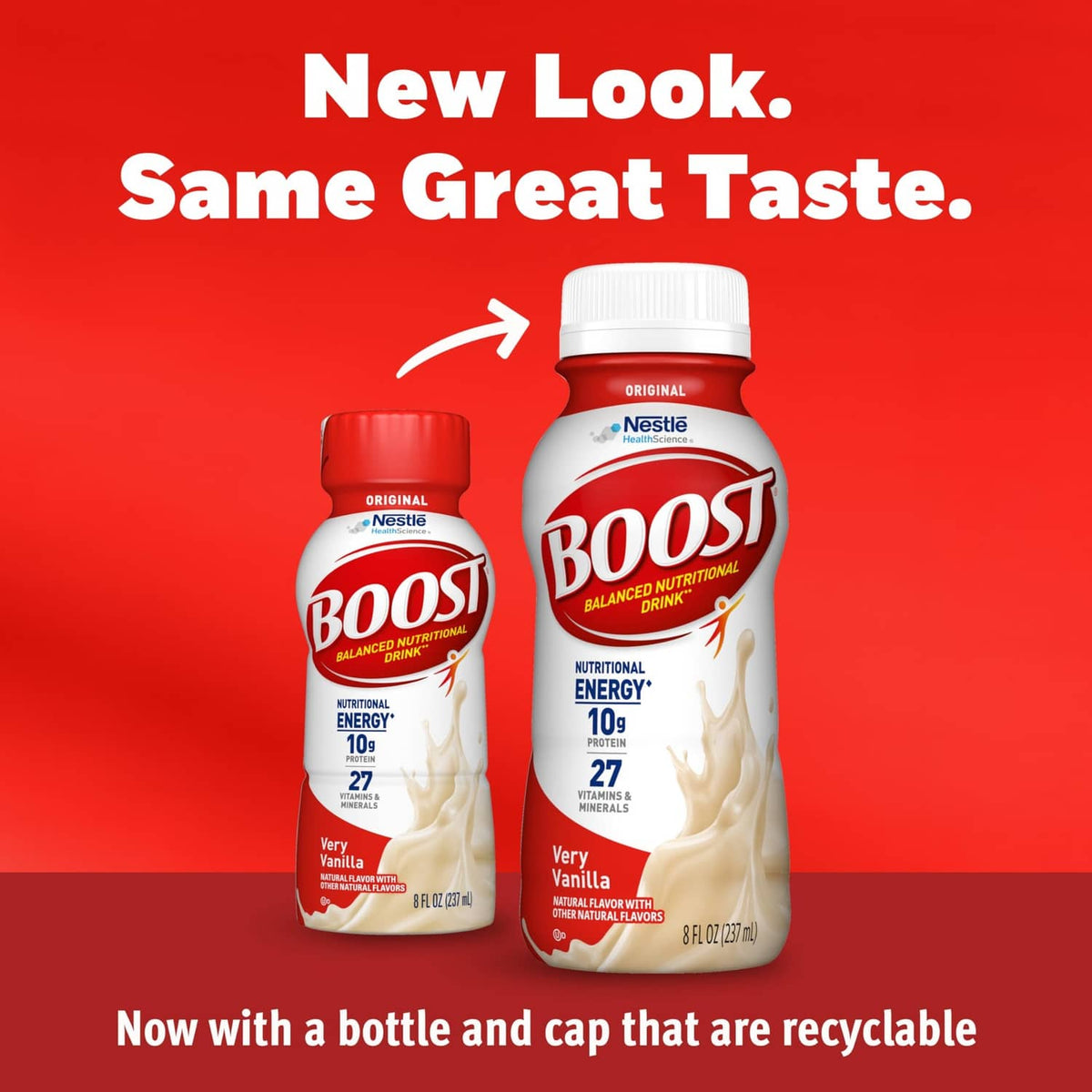 Cream vanilla nutritional drink bottle with recyclable cap, plus smaller bottle