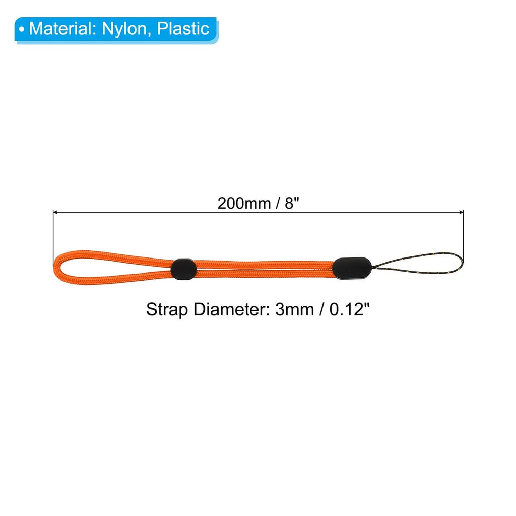 Orange wrist strap lanyard, 8 in length, 3 mm strap diameter, black end caps