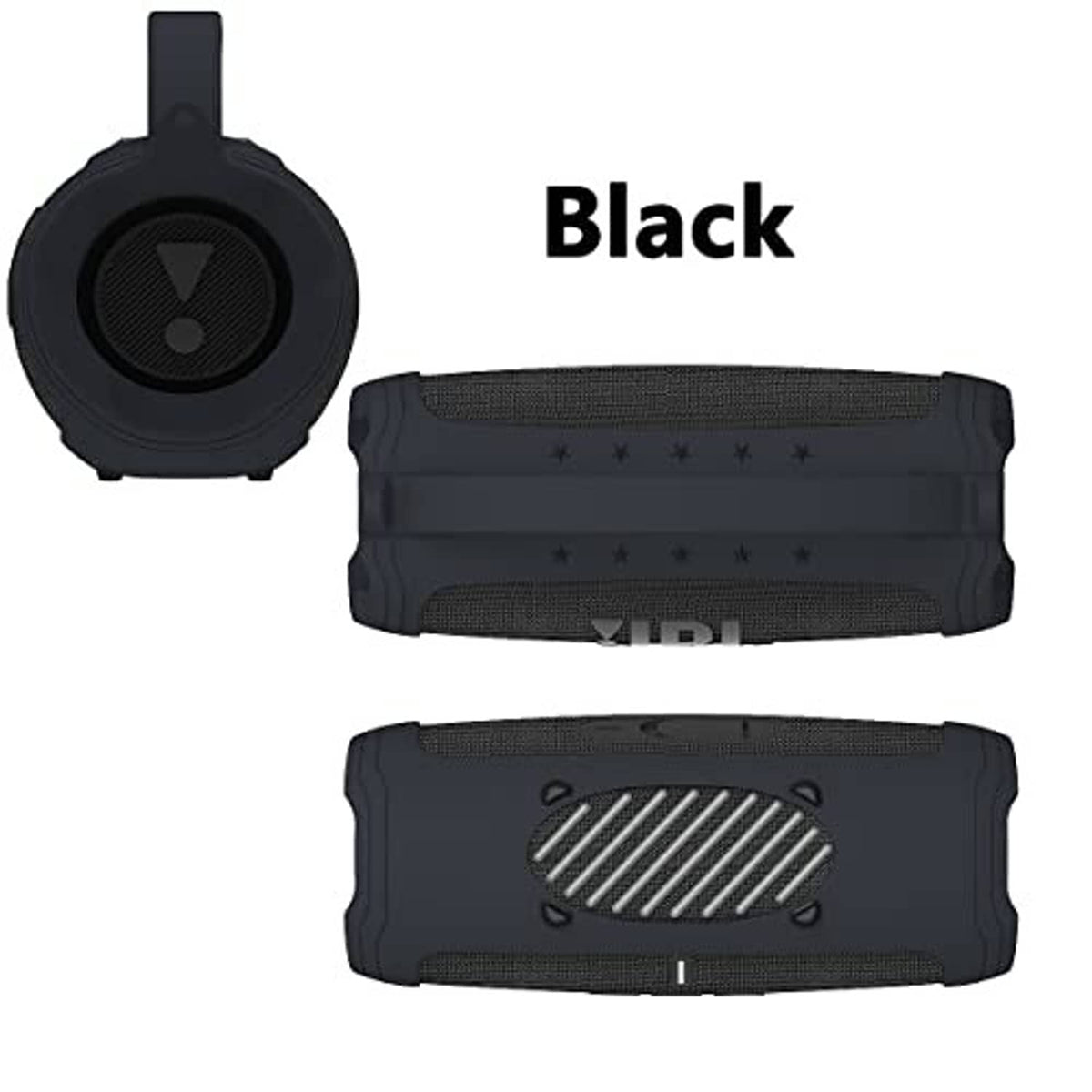 Black silicone speaker cover case with top loop and rear ports cutouts