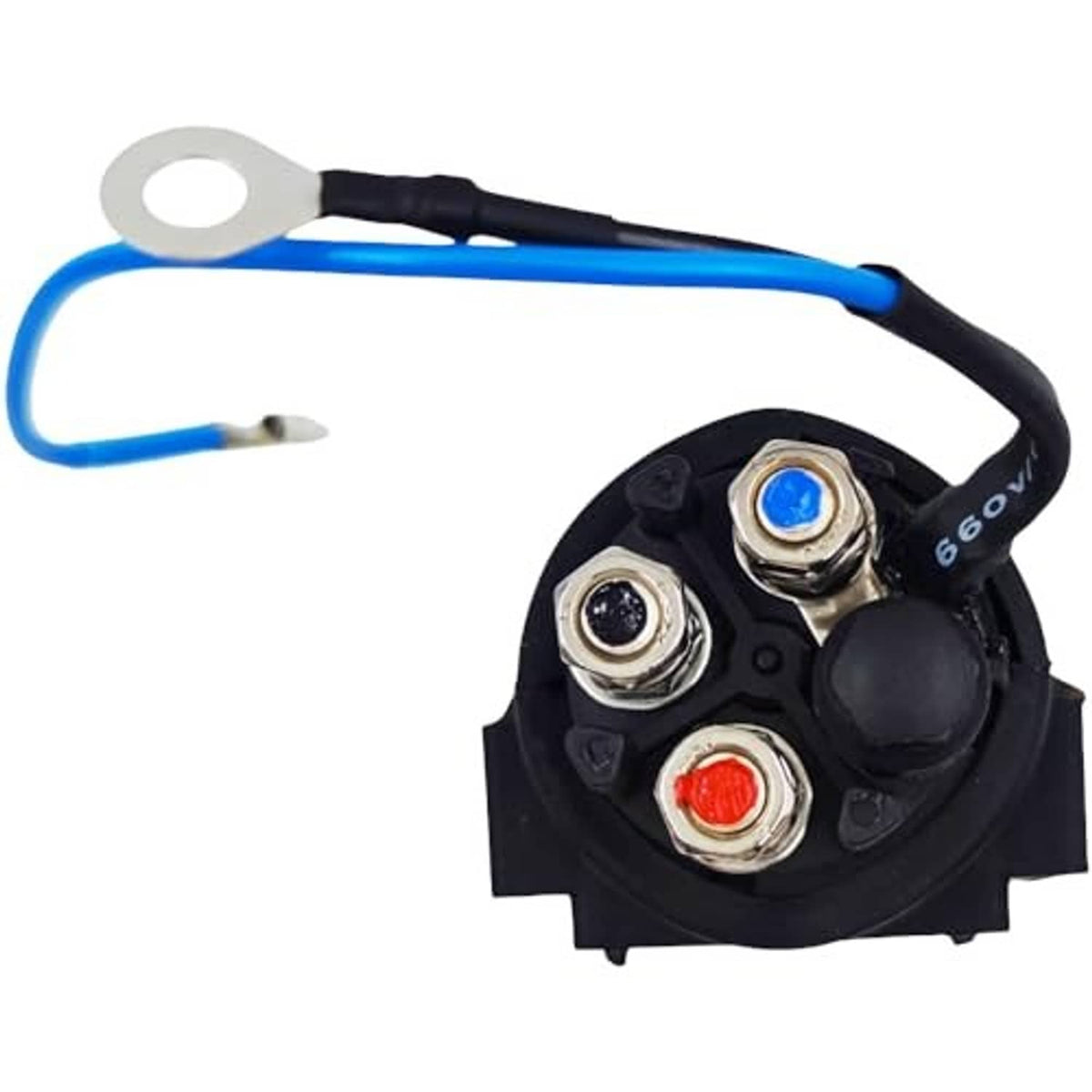 Outboard power trim tilt-up relay detail: three screw terminals with blue and red caps