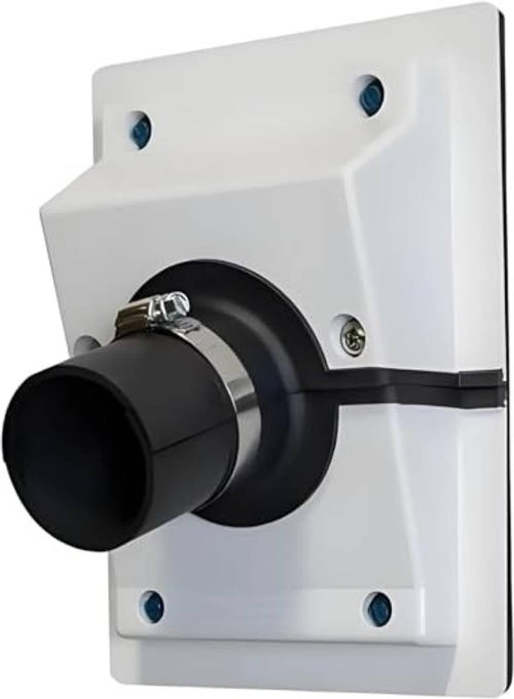 White wall cover kit for split AC line set with black inlet collar and screw ring