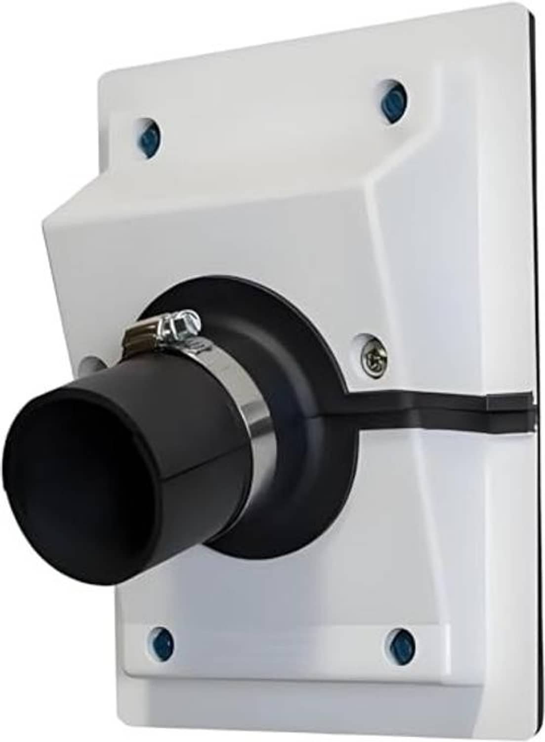 White wall cover kit for split AC line set with black inlet collar and screw ring