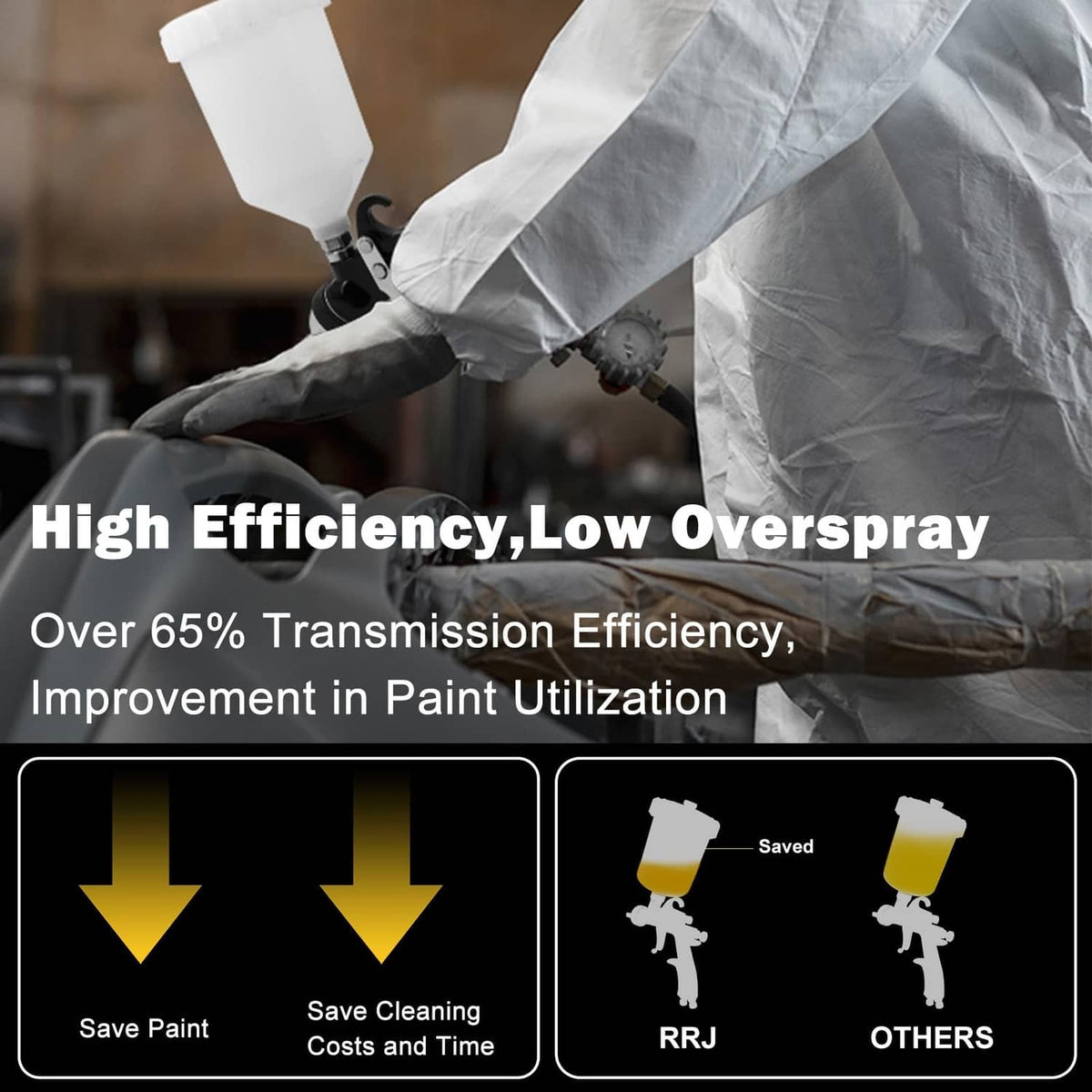 HVLP spray gun producing a fine spray cloud from the nozzle with adjustable flow valve