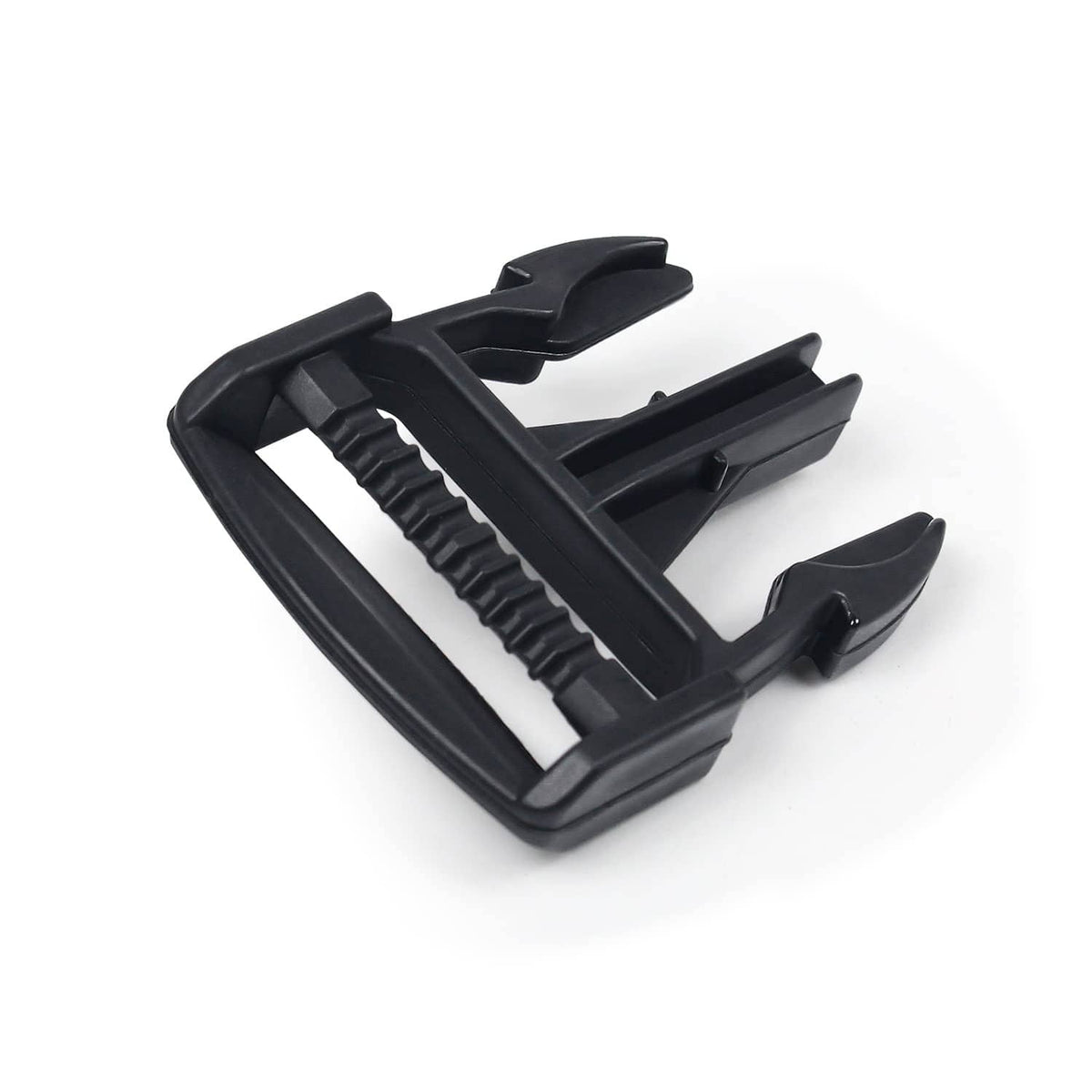 Black door net buckle clip with textured grip bar and curved locking tabs