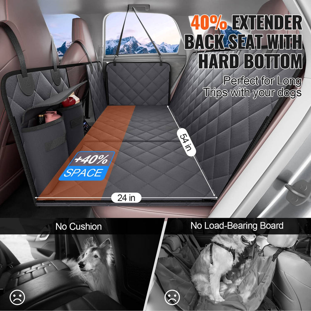 Quilted dark gray dog car seat cover with hard bottom, side protectors, and safety straps