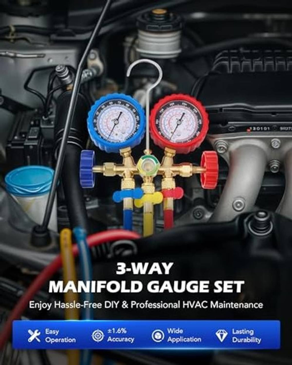Manifold gauge set installed in vehicle engine bay with two pressure gauges
