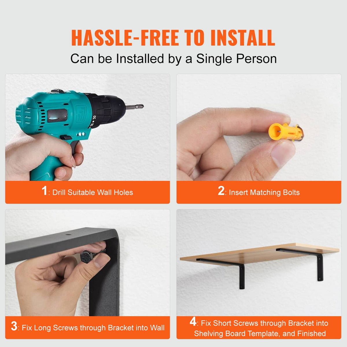 Floating shelf bracket installation kit steps shown with black bracket and screws