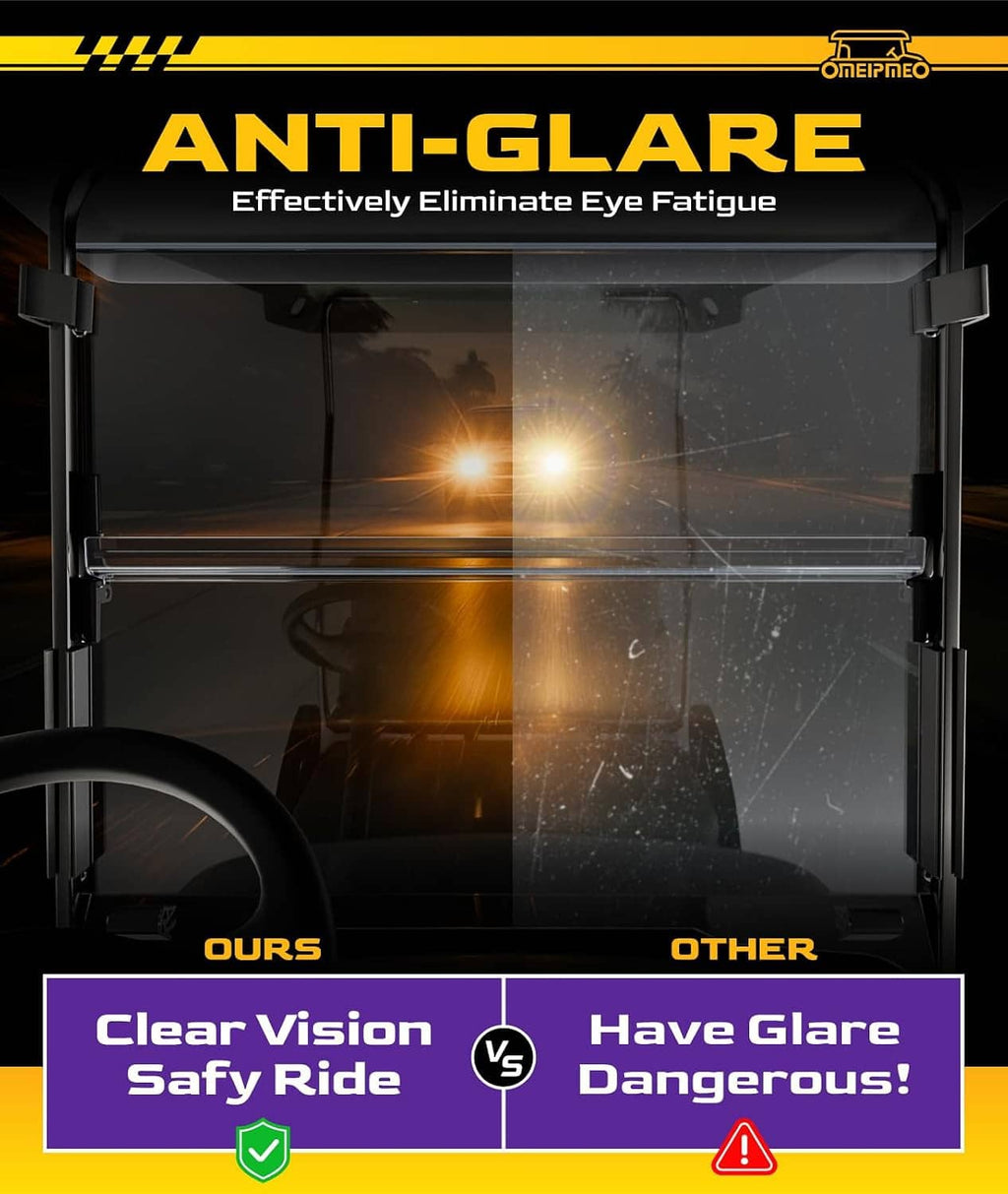 Golf cart windshield with clear panel and reflections effect on display