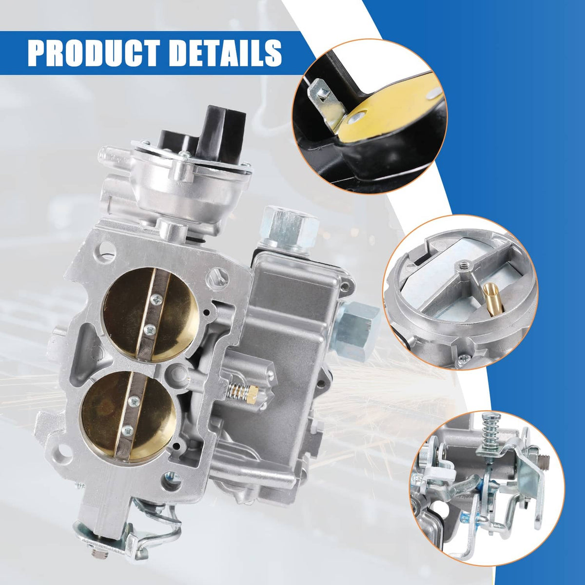 Marine carburetor detail view with dual bores, showing linkage and gasket pieces.