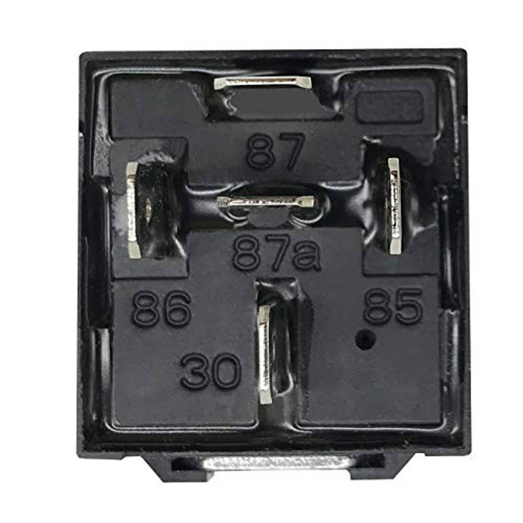 SPDT relay underside contact layout with numbered terminals, black plastic housing