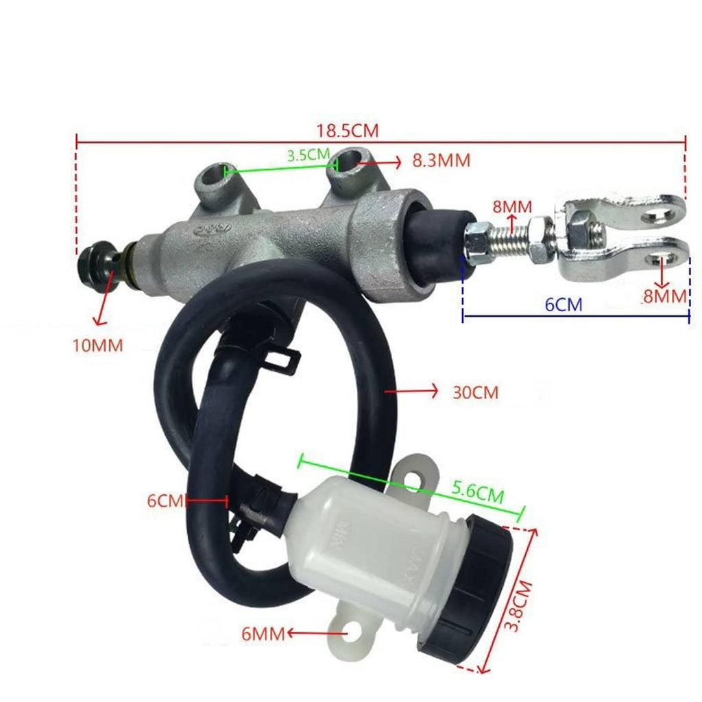 Rear brake master cylinder with hose and white reservoir, diagram with measurements