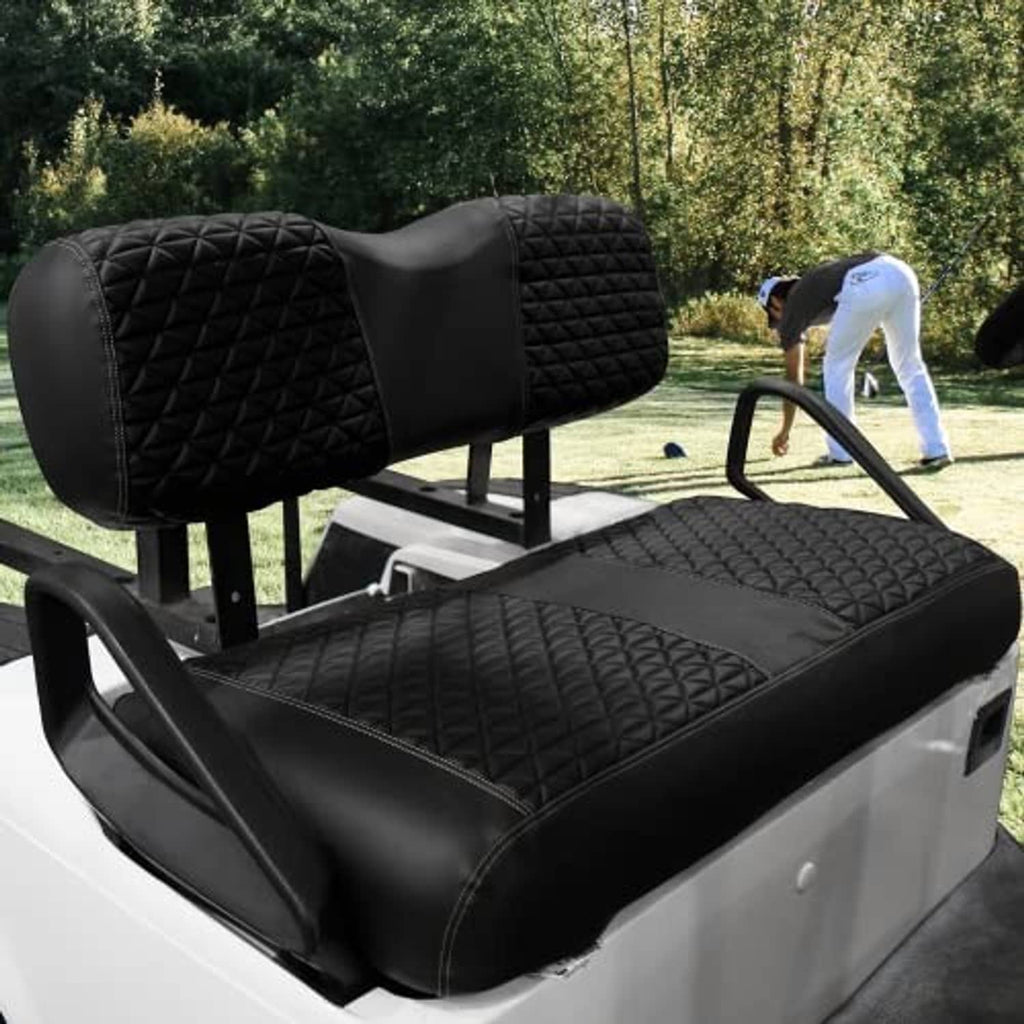 Black quilted front seat cover set on golf cart bench with contoured backrest