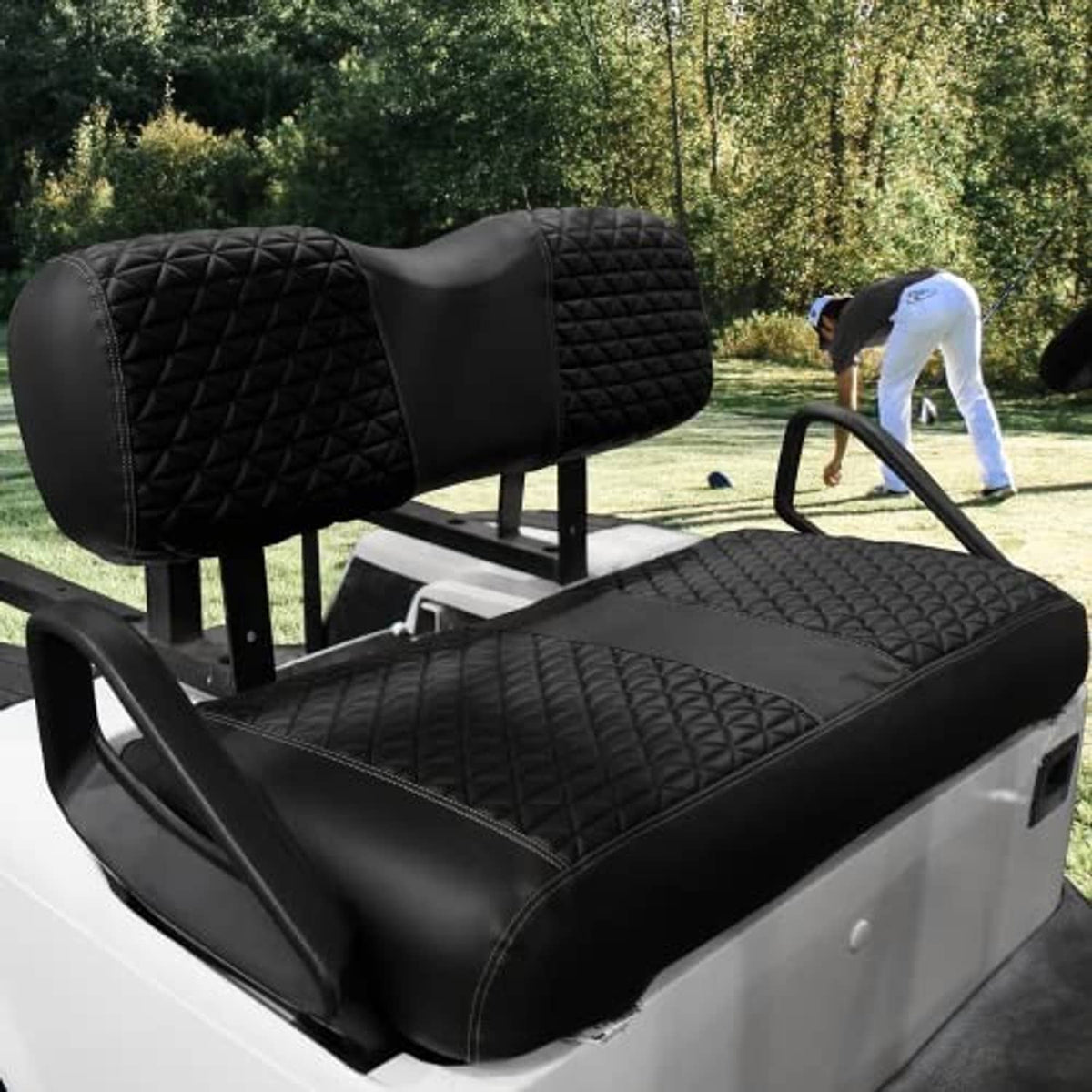 Black quilted front seat cover set on golf cart bench with contoured backrest