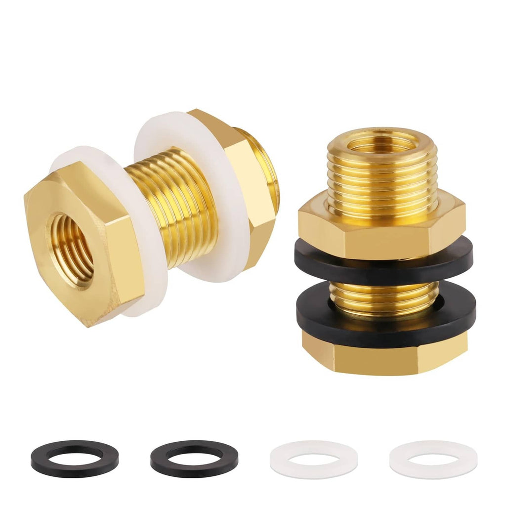 Brass bulkhead fittings with black rubber washers, 1/4 NPT taper female, 2-pack
